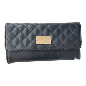 Nanette Lepore Black Long Quilted Vegan Leather Trifold Clutch Wallet